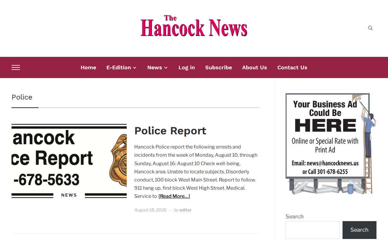 Hancock News police report archive for western Washington County