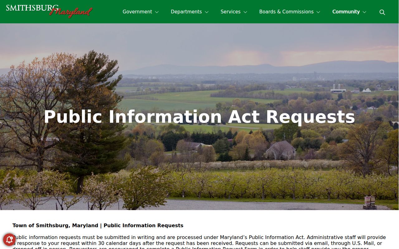 Smithsburg Public Information Act arrest records request page