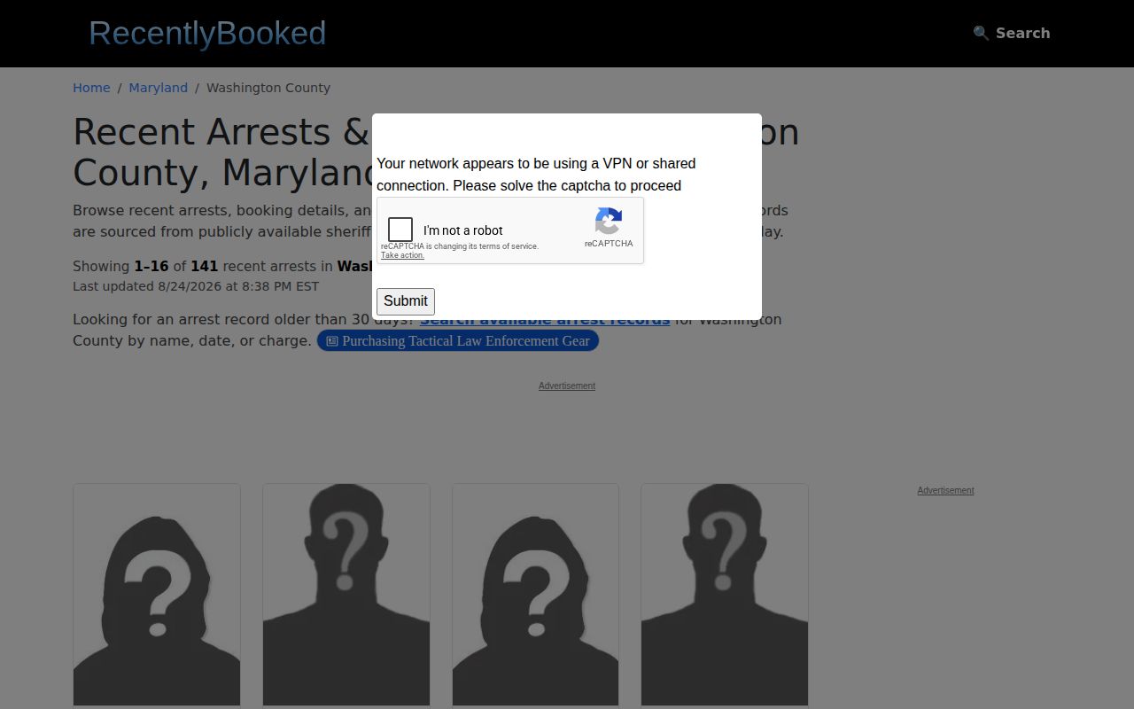 Washington County unofficial recent booking records page