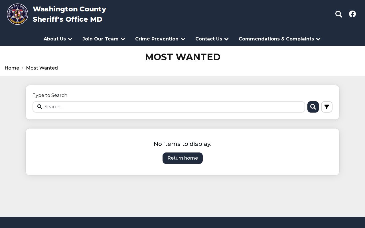 Washington County Sheriff's Office most wanted fugitives interface